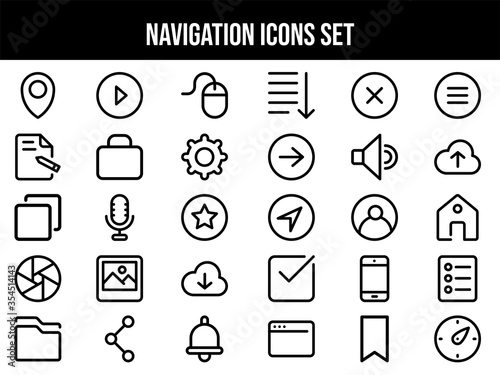 Black Outline Navigation Icon Set on White Background.