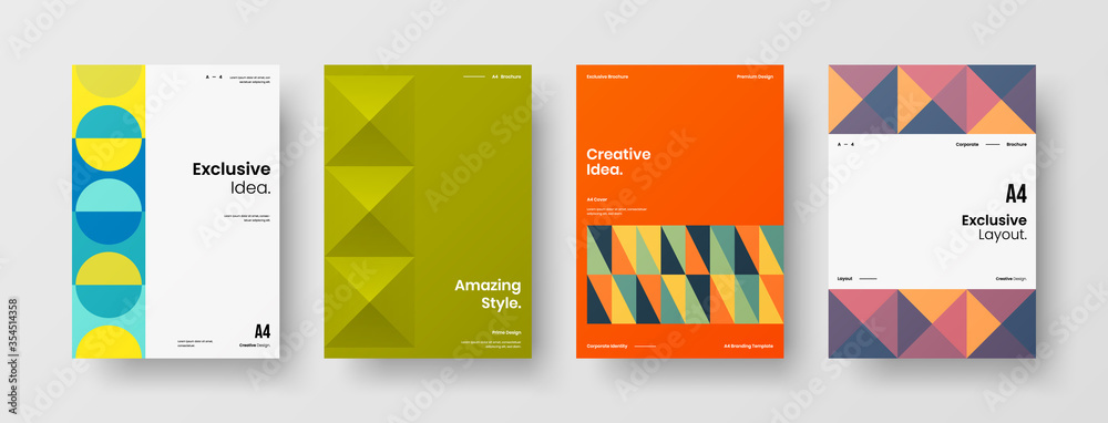 Company identity brochure template collection. Business presentation vector A4 vertical orientation front page mock up set. Corporate report cover abstract geometric illustration design layout bundle. Company identity brochure template collection. Business presentation vector A4 vertical orientation front page mock up set. Corporate report cover abstract geometric illustration design layout bundle.