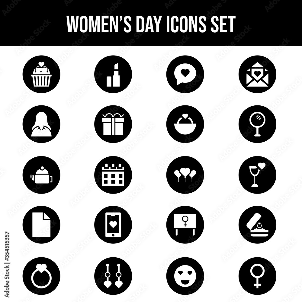 Glyph Women's Day Icon Set on Black Round Background. Glyph Women's Day Icon Set on Black Round Background.