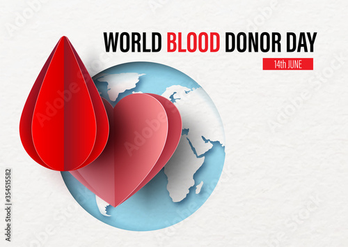 Blood droplet with heart on global and the day and name of event on white paper pattern background with space for texts. Poster campaign of World Blood Donor Day in paper cut and vector design.