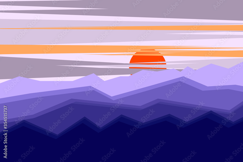 Abstract background.Vector landscape panorama with mountain range in phantom blue color tones.