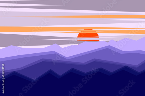 Abstract background.Vector landscape panorama with mountain range in phantom blue color tones.