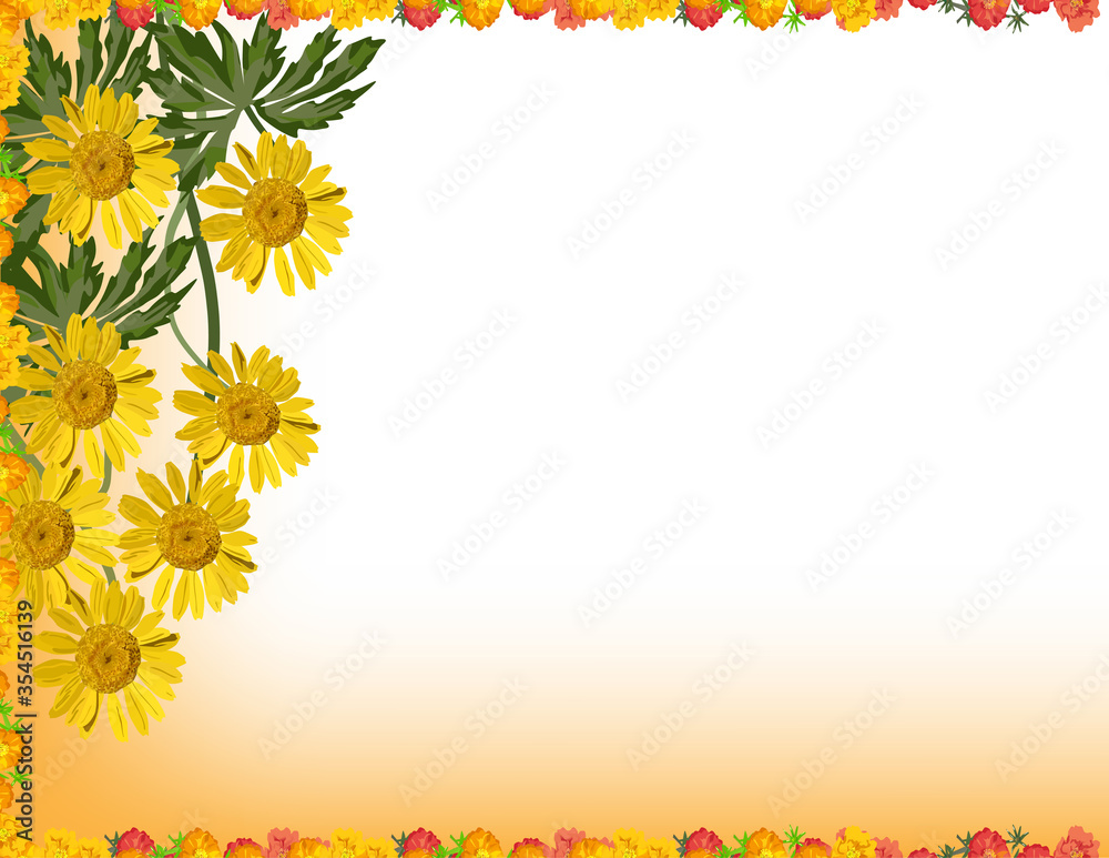 yellow flowers frame  on bright background