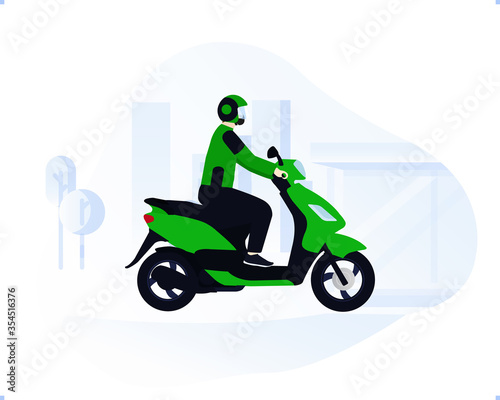 Online Motorcycle taxi driver wearing green jacket and helmet with with city building silhouette background.