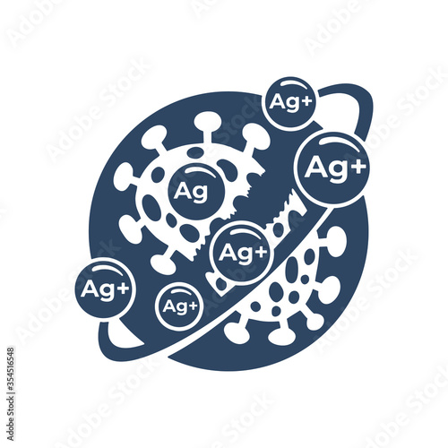 Silver ions acting emblem - antibacterial properties of Ag+ molecules - argentum destroys bacteria shell - isolated vector emblem for cosmetics or household chemicals
