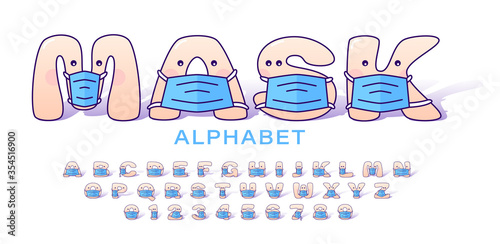 Cute cartoon alphabet in blue medical masks for kids. Set of letters and numbers in medical masks for children. Vector illustration