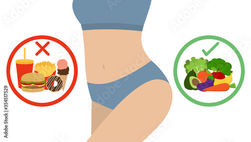 Slim woman body with vegetables, fruits and fast food. Healthy and unhealthy food choice. Diet decision, healthy lifestyle and weight loss concept. Flat vector illustration.