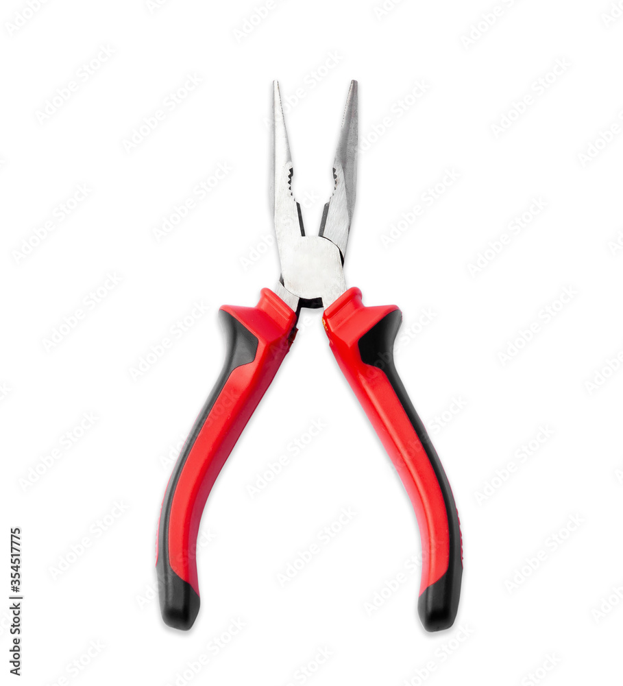 Metal pliers with red and black rubber handle against isolated on white background Metal pliers with red and black rubber handle against isolated on white background