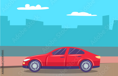 Fototapeta Naklejka Na Ścianę i Meble -  Skyline of big city in haze and car passing cityscape. Vehicle on road of town. Traveling and enjoying urban landscapes. Transport for trips and journeys. Freeway with automobile. Vector in flat style