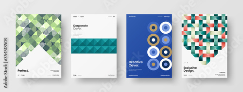 Company identity brochure template collection. Business presentation vector A4 vertical orientation front page mock up set. Corporate report cover abstract geometric illustration design layout bundle.