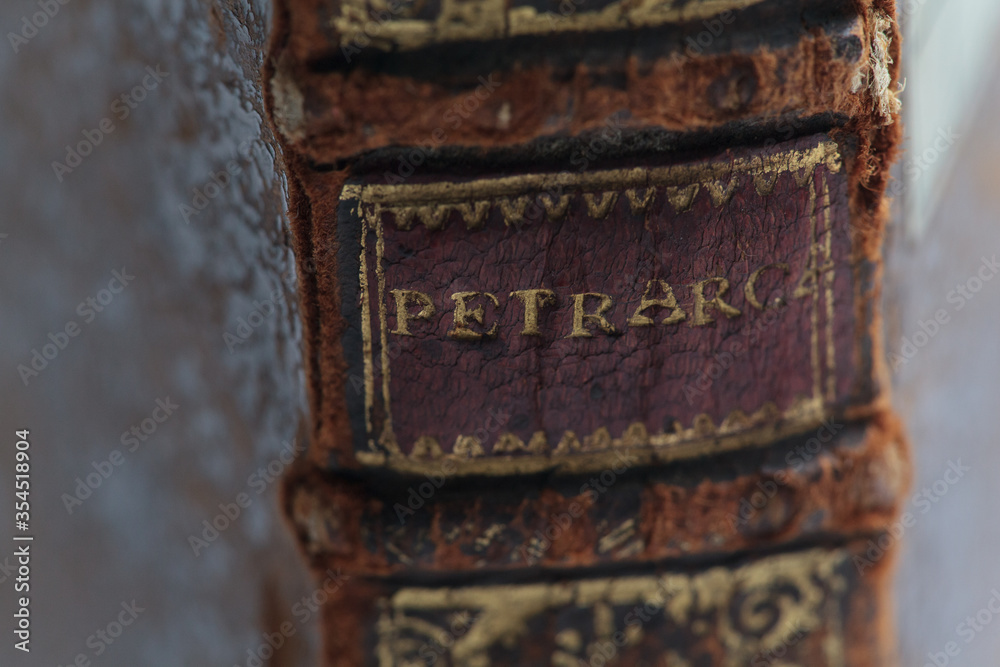 Il Petrarca, old leather book spine. closeup spine detail. Il Petrarca, old leather book spine. closeup spine detail.