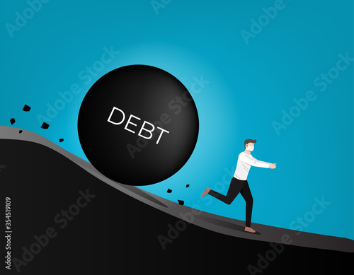 Business concept illustration of a businessman character with face mask running away from big black rock that is rolling down to him. For website, banner or media printing