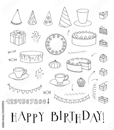 birthday cakes and pastries vector doodle illustion