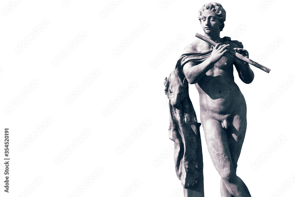 Stone sculpture of The Piping Faun isolated on a white background. With colour toning Stone sculpture of The Piping Faun isolated on a white background. With colour toning