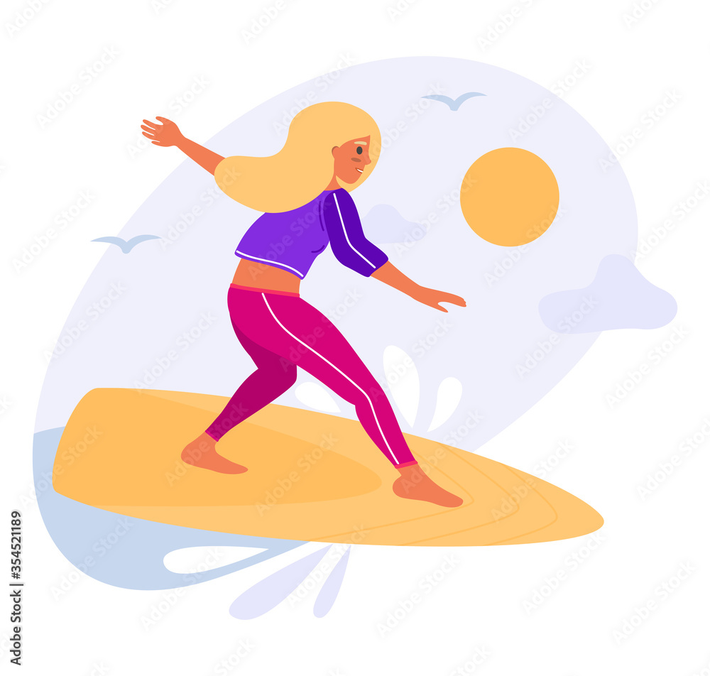 Surf girls with surfboard riding a wave. Cartoon vector Illustration in flat style - summertime template with sun tanned blonde haired woman do in for sports at sea.