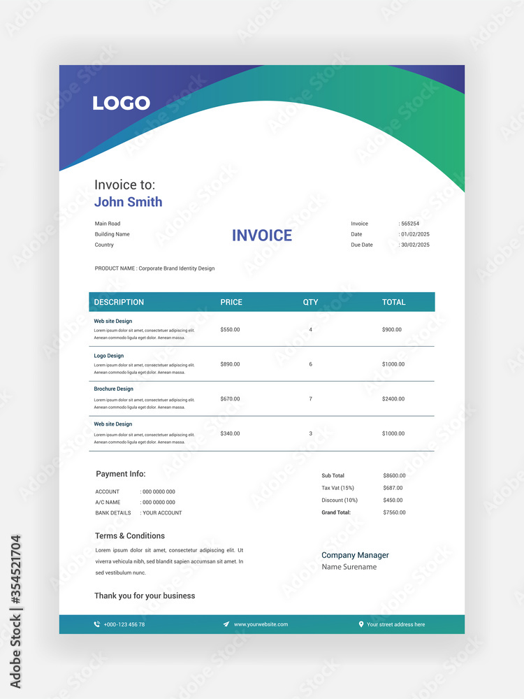 Creative stylish invoice design for accounting agency vector template