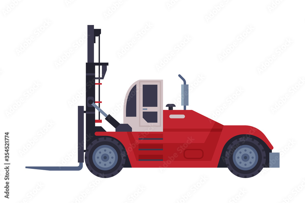 Red Forklift Truck Special Delivery Vehicle Flat Style Vector Illustration on White Background