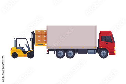 Forklift Truck Loading Cardboard Boxes in Delivery Truck Vector Illustration on White Background
