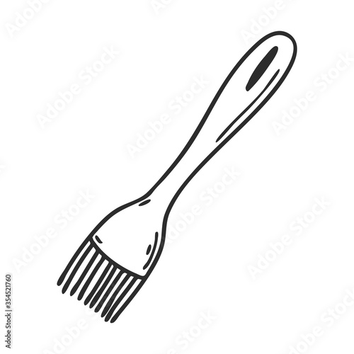 Silicone cooking brush. Doodle style. Kitchen utensils. Design element for decorating menu, recipes, and food packaging. Hand drawn and isolated on white. Black-white vector illustration