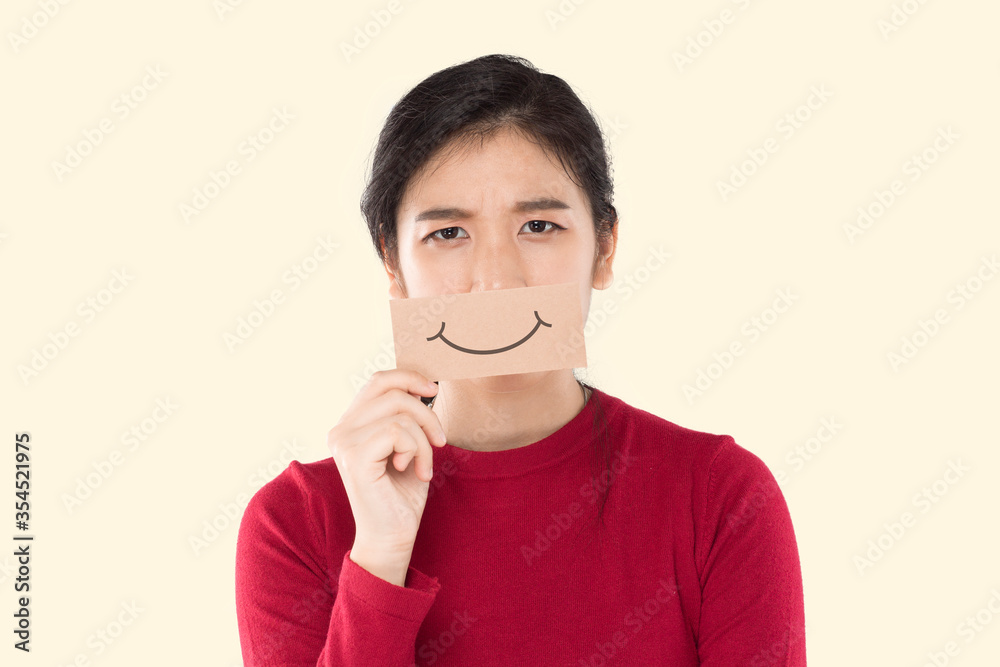 young asian woman holding happy emotion paper , advertising banner young asian woman holding happy emotion paper , advertising banner