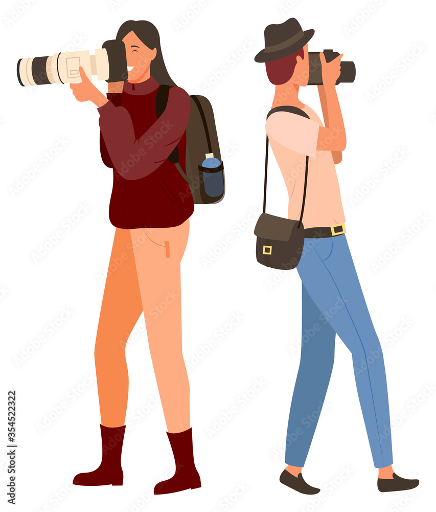 People holding photo-camera, focusing on object. Man and woman with camera equipment, shooting element, smiling female wearing backpack, photo vector People holding photo-camera, focusing on object. Man and woman with camera equipment, shooting element, smiling female wearing backpack, photo vector