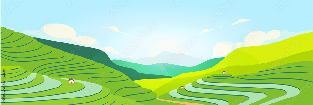 Obraz premium Terraced fields at sunset flat color vector illustration