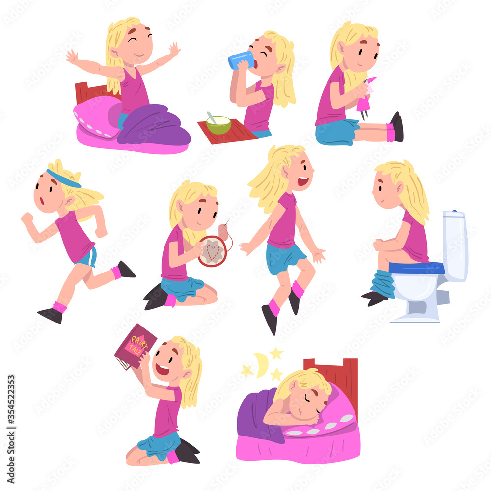 Cute Girl Daily Routine Activities Set, Child Waking Up, Eating Breakfast, Playing with Toys, Doing Sports, Reading Book, Peeing, Sleeping at Night Cartoon Style Vector Illustration