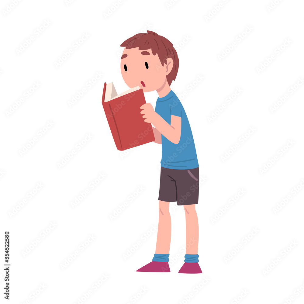 Boy Standing and Reading Book, Cute Child Daily Routine Activity Cartoon Style Vector Illustration on White Background Boy Standing and Reading Book, Cute Child Daily Routine Activity Cartoon Style Vector Illustration on White Background