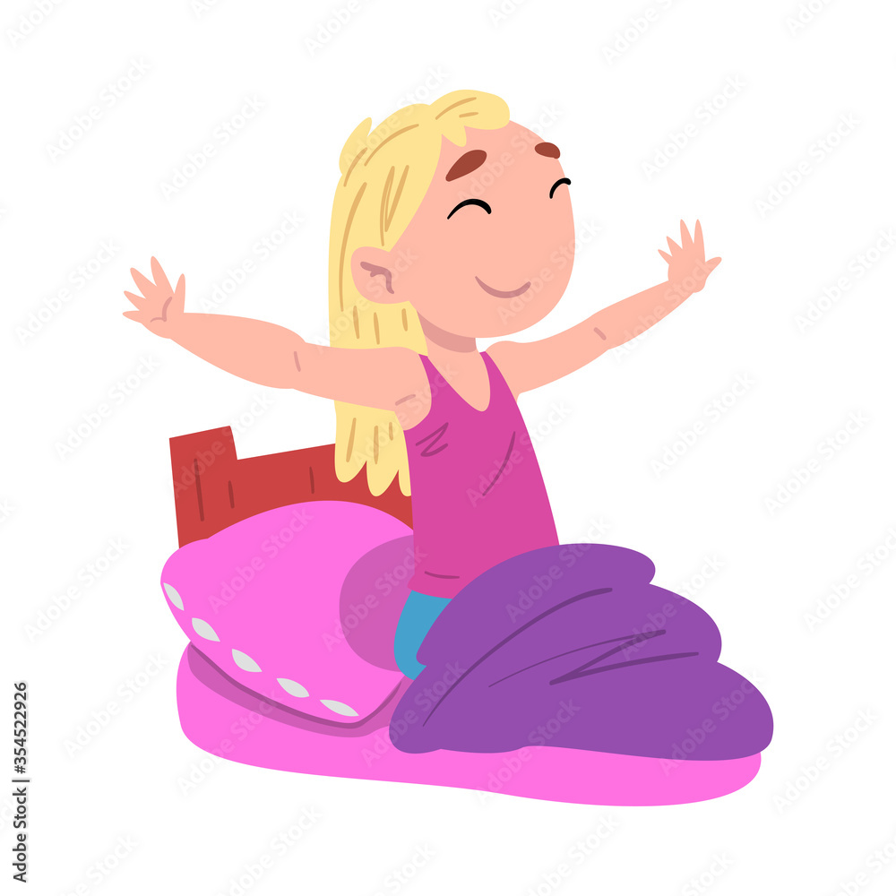 Girl Waking Up, Cute Child Daily Routine Activity Cartoon Style Vector Illustration on White Background Girl Waking Up, Cute Child Daily Routine Activity Cartoon Style Vector Illustration on White Background