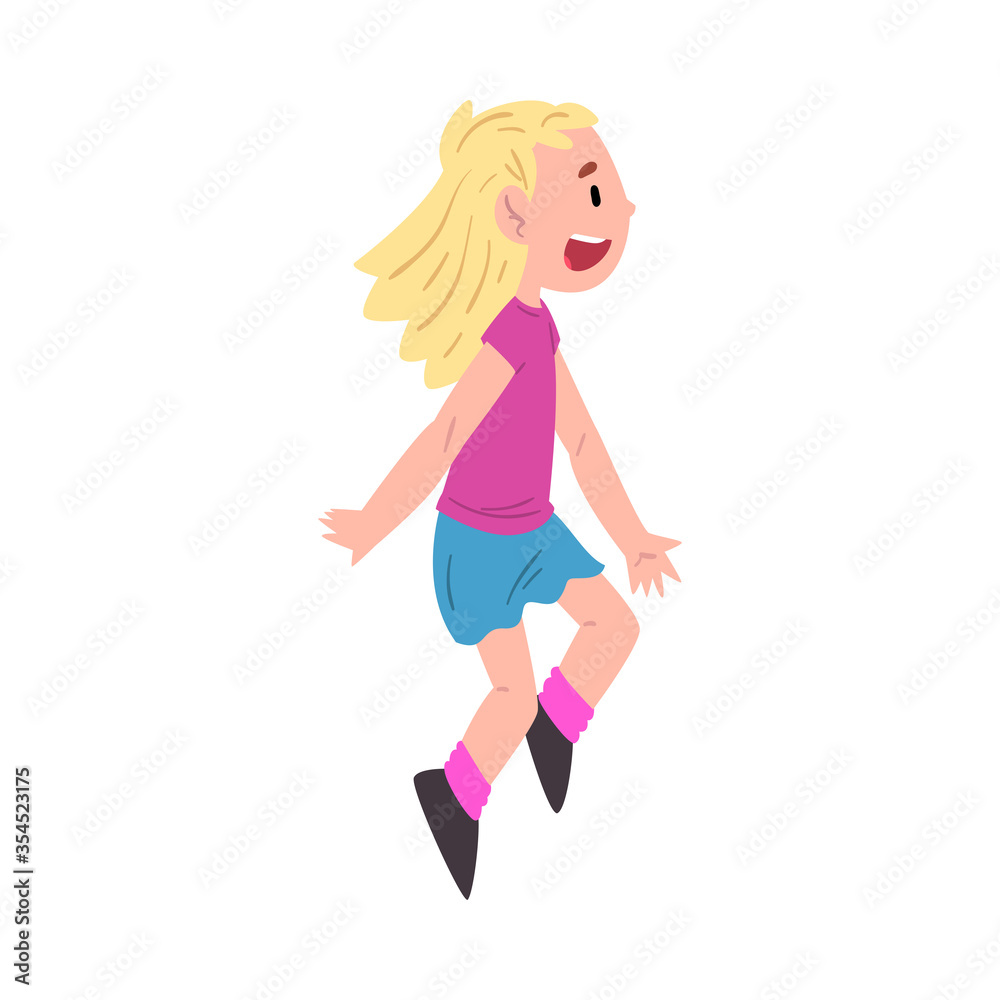 Cute Happy Girl Jumping, Child Daily Routine Activity Cartoon Style Vector Illustration on White Background Cute Happy Girl Jumping, Child Daily Routine Activity Cartoon Style Vector Illustration on White Background