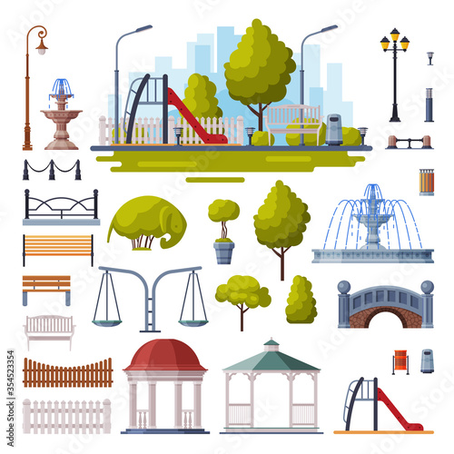 Urban Infrastructure Design Elements Collection, City Park Objects Flat Style Vector Illustration on White Background