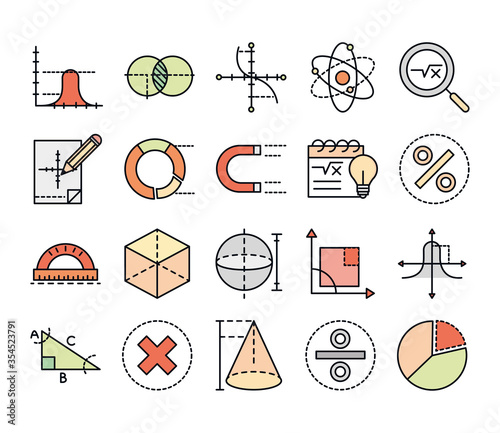 math education school science icons collection line and fill style