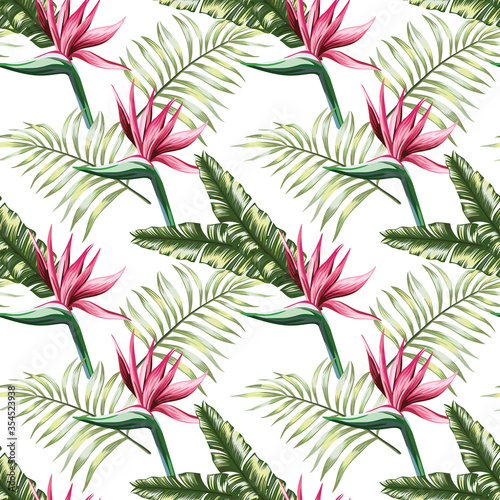 Beautiful multi colored exotic tropical flowers strelitzia and green palm, banana, fern leaves seamless vector repeating pattern on white background. Beach summer trendy illustration.
