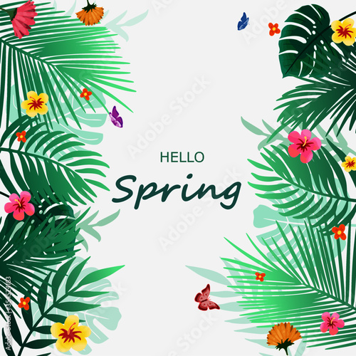 Hello spring lettering season with palm leaf and tropical flower frame with butterfly in the jungle for greeting card, template, vintage banner, poster, background and label tag spring sale.