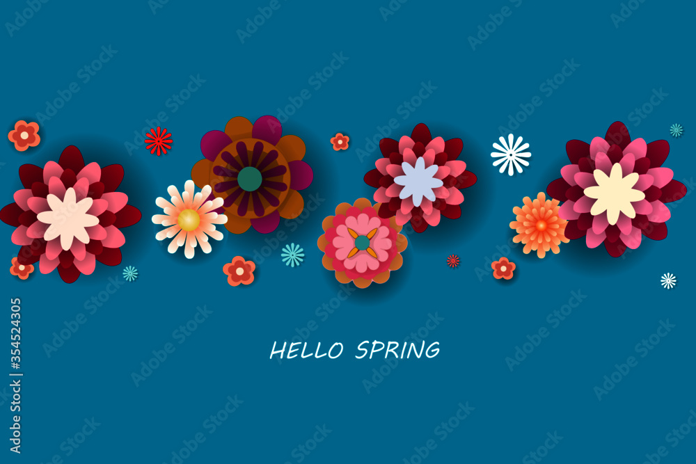 Hello spring with flowers blossom colorful on blue background for template, banner, poster, background, gretting card and label tag spring sale. Hello spring with flowers blossom colorful on blue background for template, banner, poster, background, gretting card and label tag spring sale.