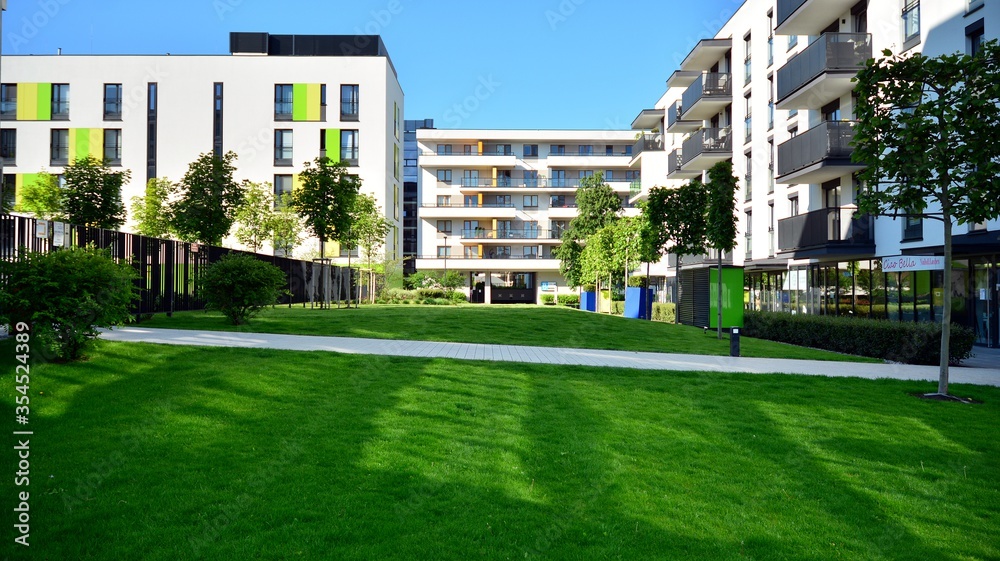 Modern apartment buildings. This is a unique place. Functional, smartly designed. This is an aesthetic space with good energy.