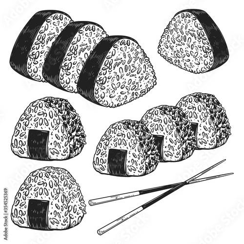 Set of illustrations of onigiri in engraving style. Design element for poster, card, banner, flyer, menu, emblem. Vector illustration