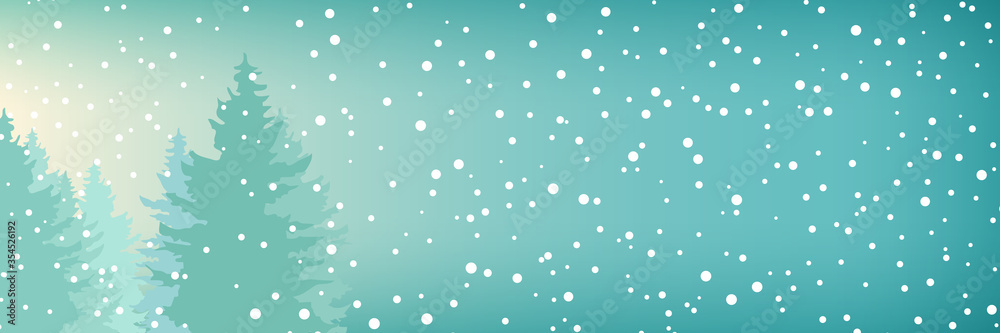Winter banner with snowfall in the forest, fir trees in winter in snowfall, christmas winter landscape in turquoise shades , vector illustration