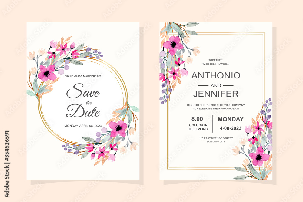 wedding invitation card with wild floral watercolor