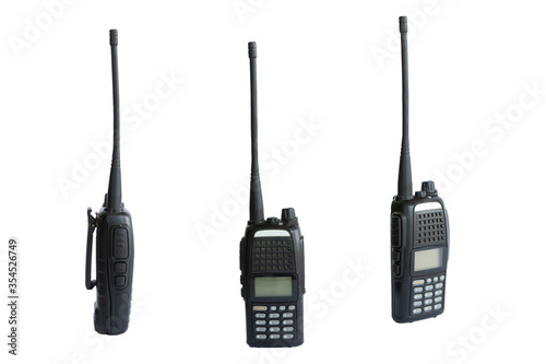 black Radio transceiver or walkie talkie that is a portable device is used for communication in most of military, police, and security.isolated on white background. clipping path photo