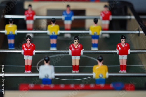 Closeup scene on table football player dolls in red and yellow shirts.