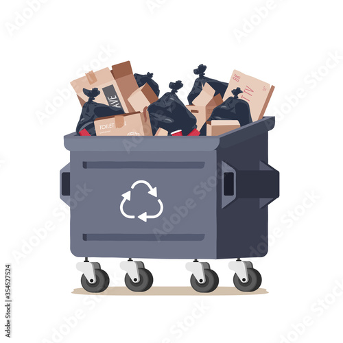 House trash bin. Cardboard box. Heap of rubbish. Garbage bag. Container.
