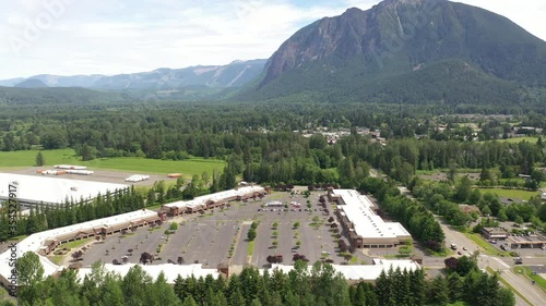 Drone footage of the closed and empty North Bend Premium Outlets near Bellevue and Seattle, Washington during the COVID-19 pandemic photo