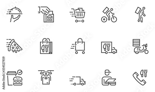 Food Delivery Vector Line Icons. Contactless Delivery, Courier, Grocery Bag. Editable Stroke. 48x48 Pixel Perfect.