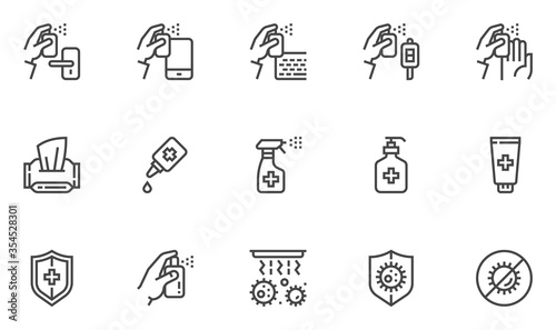 Sanitization Vector Line Icons. Hygienic Treatment of Hands, Door Handle, Phone. Disinfection, Decontamination, Sanitary Processing. Editable Stroke. 48x48 Pixel Perfect.