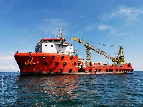 Exterior view of offshore marine vessel at anchorage areas. 