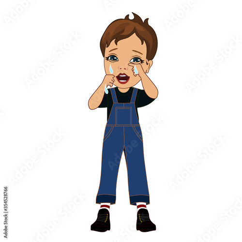emoji with poor upset boy that weeps and cries with tear drops running on his hands because he is devastated by troubles in life, simple colored emoticon