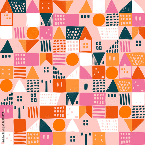 Geometric houses and hand drawn textured shapes seamless pattern. Abstract home background in childish style.