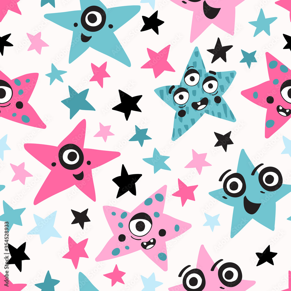 Fototapeta premium Cute cartoon monster stars character seamless pattern