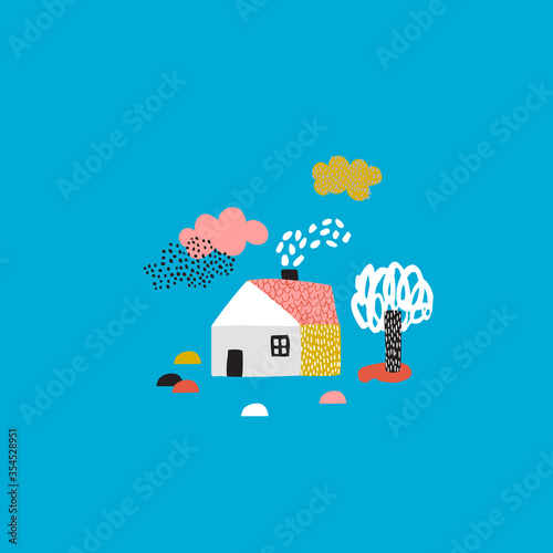 Cute cartoon house, tree and landscape elements.